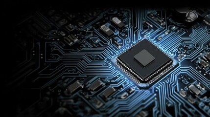 Poster - Microchip on a circuit board with blue light highlighting the intricate design.