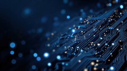 Poster - Abstract blue circuit board with glowing lights representing technology and connectivity.