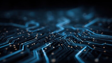 Poster - Blue circuit board with glowing dots represents technology and connectivity.