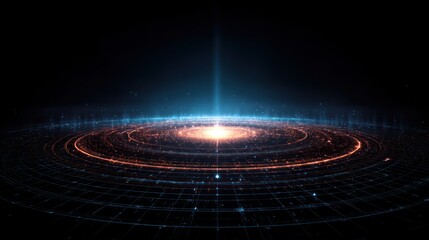 Poster - Abstract glowing light with concentric circles and a beam against a dark background.