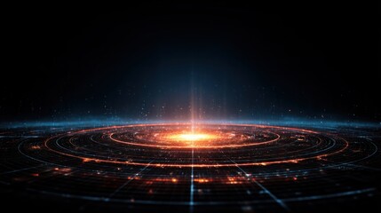 Poster - Abstract glowing portal with concentric circles and light rays on dark background.