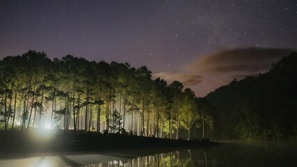 Poster - Starlight Reflections: An ethereal panorama unfolds as the calm lake mirrors the cosmos, the towering trees standing sentinel under a canopy of stars at twilight.