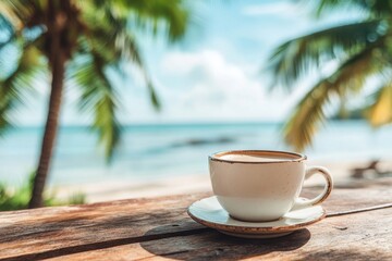 Wall Mural - Coffee cup on rustic table overlooking serene beach and ocean under a bright sky, Coffee cup on a rustic table with a view of the sea and palm trees Relaxing beach  concept