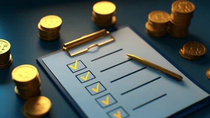 Aufkleber - Financial Checklist: A pristine clipboard adorned with a checklist is encircled by glistening stacks of golden coins. This conceptual image encapsulates the essence of fiscal management.