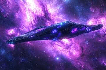 Poster - Alien fractal spacecraft gliding through vibrant cosmic nebulae in the depths of space, Alien fractal spacecraft flying through cosmic nebula, 3d seamless