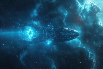 Poster - Exploration of futuristic structures in space featuring advanced spacecraft navigating cosmic surroundings, Futuristic Structures in Space Photo background Seamless  quality