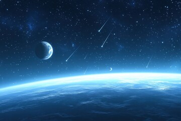 Poster - Celestial wonders above Earth with a clear blue sky, moon, and shooting stars, A blue sky with the moon and stars above, Earth in the distance, and a few comets shooting across