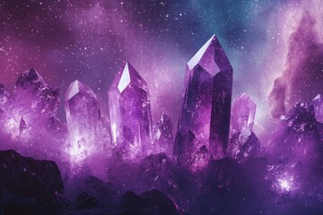 Poster - Crystals gleam in a purple galaxy background with vibrant colors and cosmic elements, Crystals in a Purple Galaxy Photo background Seamless ing time-lapse quality