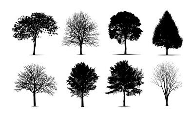 nature tree silhouettes collection, vector illustration, black forest icons, plant foliage set, cuto