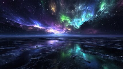 Wall Mural - Stunning Cosmic Landscape with Colorful Auroras and Reflections