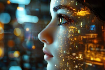 Poster - Exploring humanity through a digital lens in a futuristic setting, Glimpse of humanity in a digital face, machine ruled world