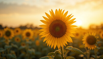 Poster - A field filled with bright sunflowers stands tall as the sun sets, casting a warm glow over the landscape. The vibrant petals create a stunning display of color against the evening sky