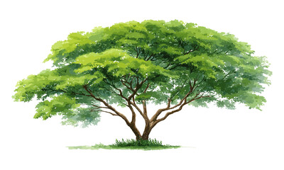 Green tree watercolor illustration, isolated on white, natural landscape, environmental symbol, hand painted art, sustainable living, forest scenery, vector illustration, organic theme.