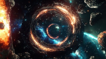 Wall Mural - Cosmic Portal Surrounded by Asteroids and Stars in Vast Universe