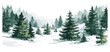 © aura studio - Hand drawn christmas tree forest, winter holiday landscape, watercolor vector illustration, wide background, snowy woods, nature scenery, greeting card scene, mountain forest, png.