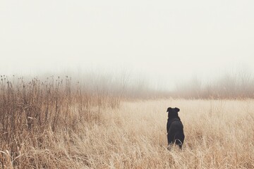 Poster - Black dog gazing into a foggy landscape filled with tall grass and wild plants during an early morning in a serene outdoor setting