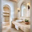 © InteriVio - french eclectic bathroom, ceiling molding, oval sink, wall shelf with lighting, beige tiles, soft shadows, no florals