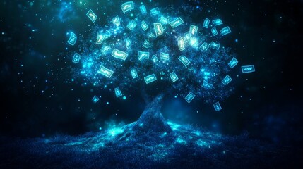 Poster - Illuminating creative tree design with glowing dynamics digital art showcase fantasy environment artistic perspective nature concept