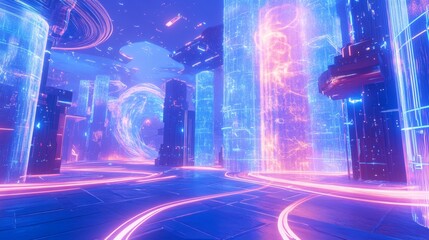 Poster - Exploring a neon cyber grid landscape immersive virtual experience in a futuristic digital environment