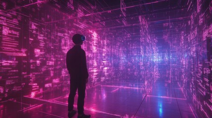 Poster - Exploring a cyberspace world of floating holographic shapes virtual reality 3d art digital environment immersive experience future concepts