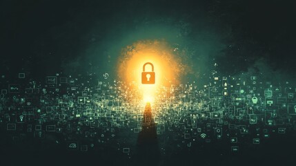 Poster - illuminating digital lock over a network of information digital environment graphic concept for cybe