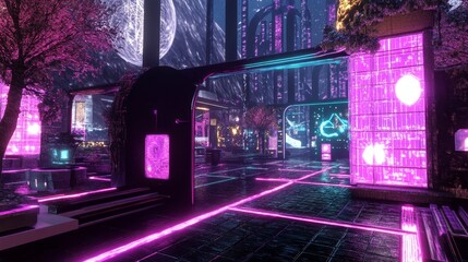 Poster - Exploring a futuristic cyberspace environment neon-lit urban landscape digital art virtual reality immersive experience