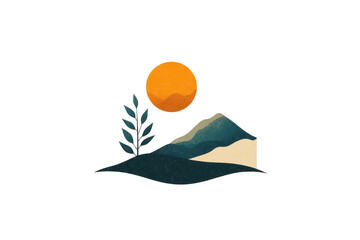 Poster - Mountain landscape with sunset and foliage in a minimalist design featuring warm colors