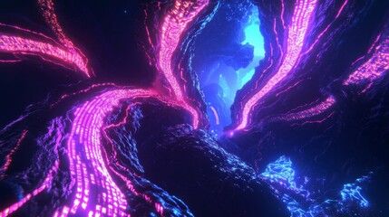 Poster - Dynamic neon cascades in a glowing digital cyberspace an immersive visual journey through a futuristic environment