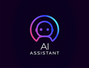 Aufkleber - AI assistant logo with friendly robot avatar in headset, glowing gradient outline. Ideal for virtual help tools, customer support bots, tech branding. Vector illustration.