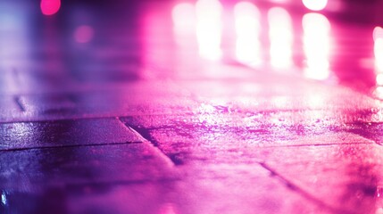 Canvas Print - glowing puddles on wet pavement with neon lights reflections