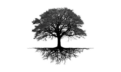 Tree with root silhouette vector illustration black and white, nature ecosystem logo, environmental graphic, sustainable living symbol, botanical design, earth connection concept png.