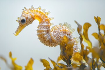 Poster - Unique seahorse swimming among vibrant seaweed during daylight in a coastal habitat