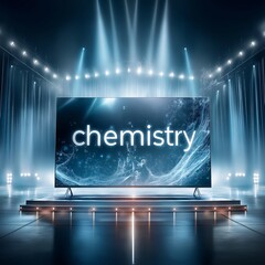Poster - Stage display of futuristic smart screen with digital chemistry interface and hologram molecules in spotlight, Generative AI