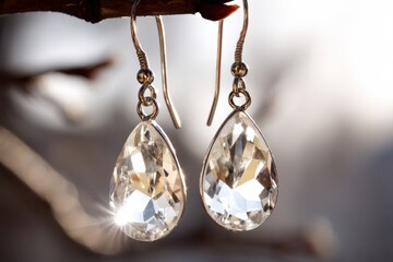 Poster - Close-up shot of two tear drop shaped crystal earrings, dangling from a branch, reflecting sunlight and sparkling with brilliance against a soft background.