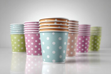 Poster - Colorful paper cups with polka dots stacked on a reflective surface, perfect for party decorations, creating a cheerful and playful atmosphere, adding a touch of whimsy.