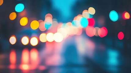 Wall Mural - Colorful Bokeh Lights Blurring on Wet Street at Night Time