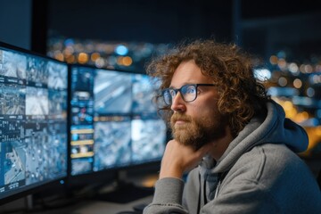 Poster - A thoughtful IT professional monitors surveillance feeds on multiple screens at night, wearing glasses and a hoodie, with blurred city lights in the background.