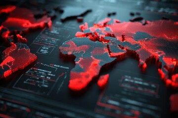 Poster - A futuristic holographic world map with red heat zones, displaying global data analysis on a high-tech interface, visualizing critical statistics and trends.