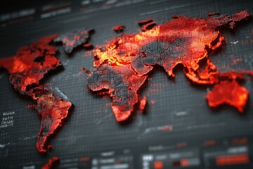 Poster - A digital world map, rendered in red, indicating areas of high activity and heat, with dark background and geometric grid, suggesting global connection, crisis and future data.