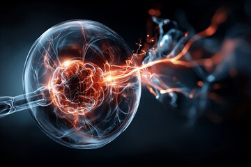 Poster - Abstract glowing energy cell showing electrical plasma discharge around nucleus in molecular design concept, Generative AI