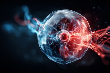 Poster - Abstract glowing energy cell showing electrical plasma discharge around nucleus in molecular design concept, Generative AI