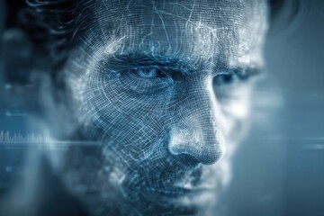 Poster - Abstract 3D rendering of a human face, showcasing advanced technology and futuristic design, highlighting the integration of man and machine concept.