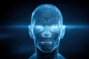 Fototapete - A futuristic rendering of a human head as a digital wireframe, glowing with vibrant blue light, representing artificial intelligence and technological advancement.