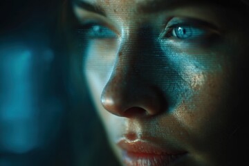 Poster - Close-up portrait of a futuristic young woman's face with a digital overlay, highlighting her blue eyes and skin texture, showcasing modern technology and beauty.