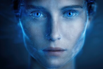 Poster - abstract female face formed by digital grid, emphasizing the convergence of technology and humanity,