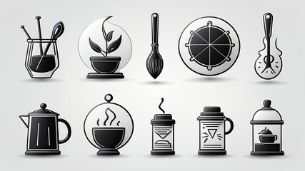 Poster - A collection of ten black and white stylized icons arranged on a light gray background surface