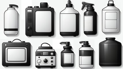 Poster - A collection of black and white containers and devices arranged on a white background surface
