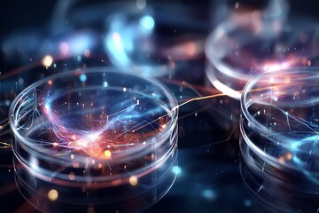 Aufkleber - Futuristic petri dishes showing glowing strands of synthetic biology and digital biotech interaction in lab, Generative AI
