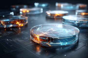 Aufkleber - Futuristic petri dishes showing glowing strands of synthetic biology and digital biotech interaction in lab, Generative AI