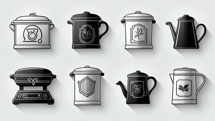 Poster - Collection of stylized black and white kitchen pots and pans with decorative labels displayed